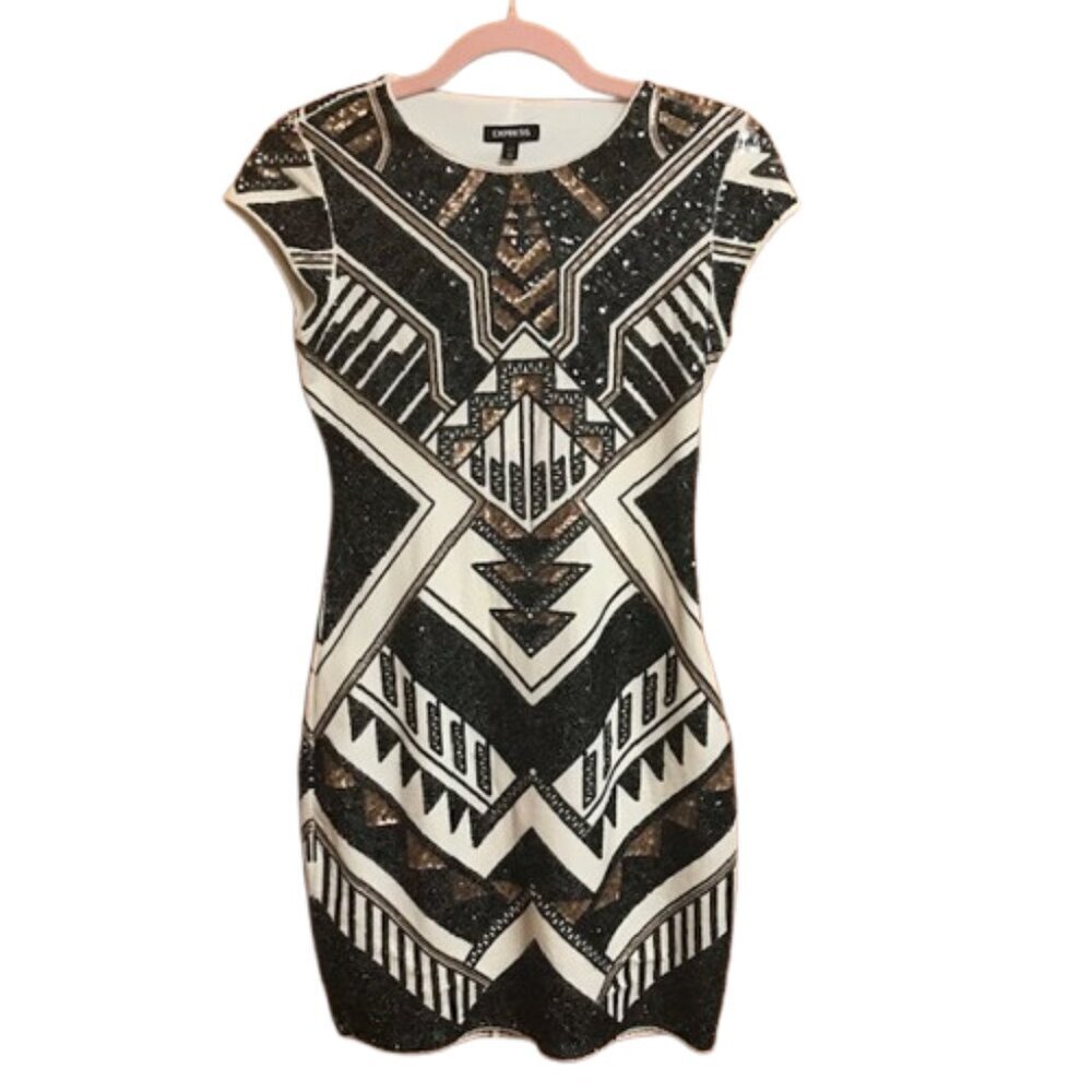 Express Geometric Sequin Bodycon Mini Dress Black White Gold Party/Cocktail XS - Picture 2 of 8
